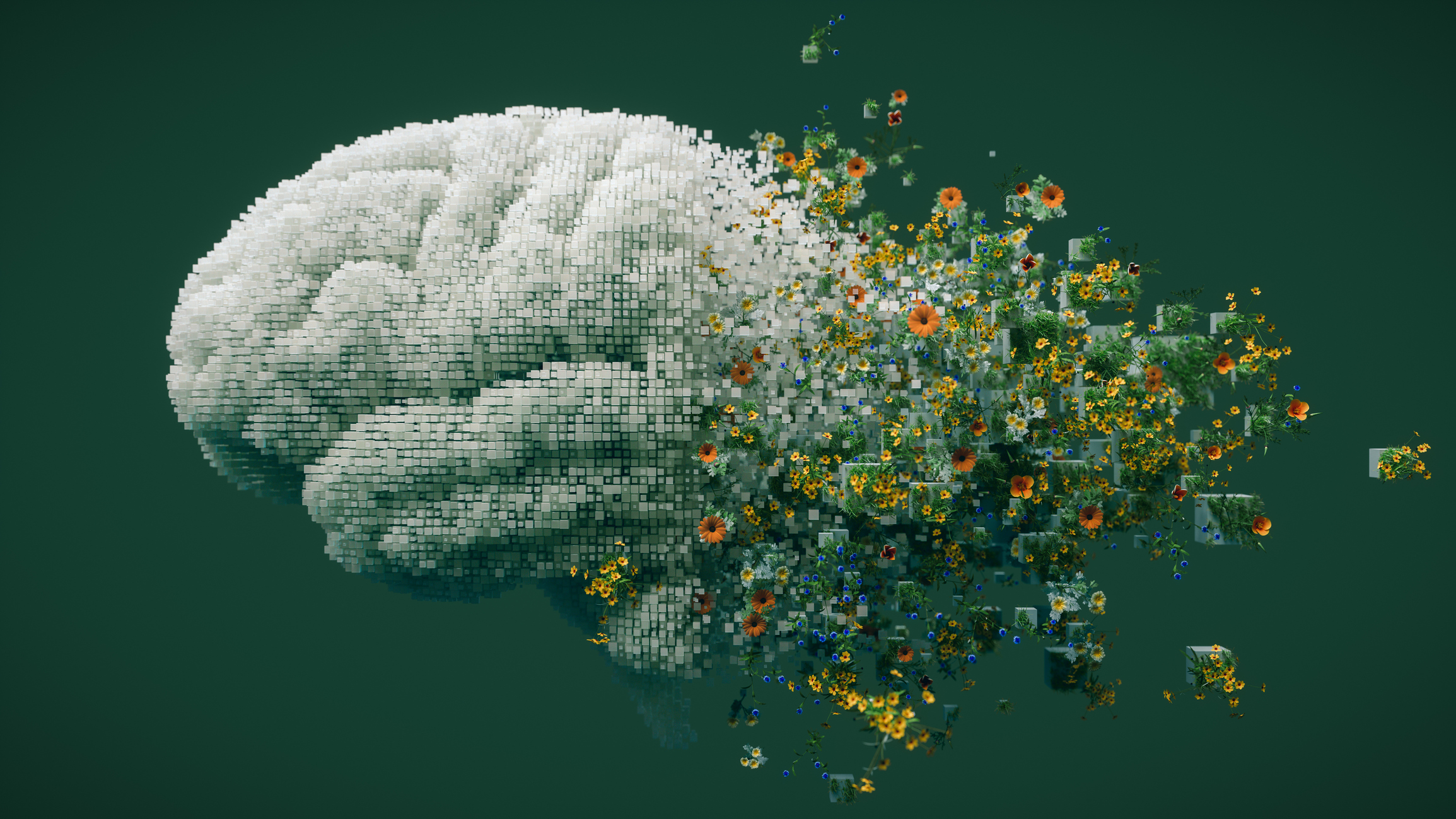 A digital brain dissolving into different kinds of pixels with flowers in them