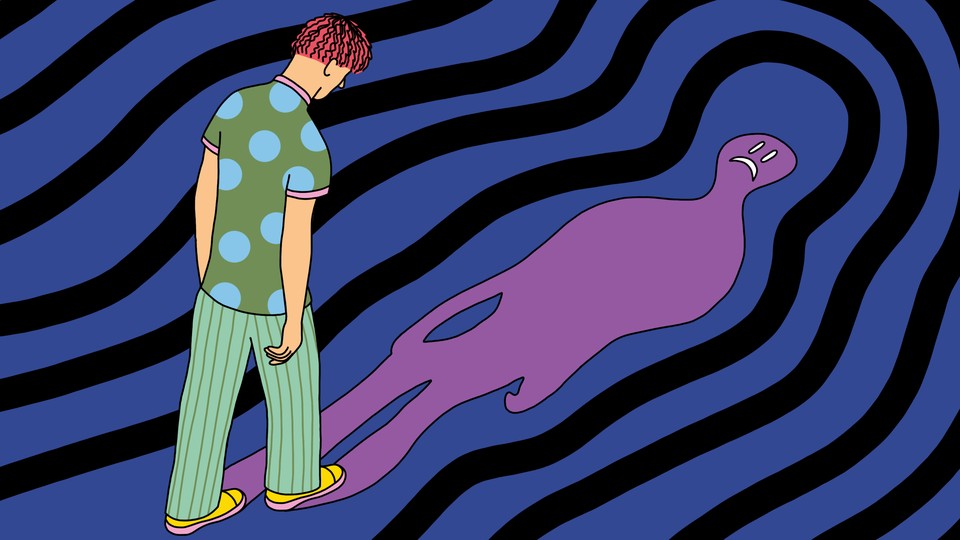 An illustration showing a young man walking with his shadow visible in front and a face of misery.